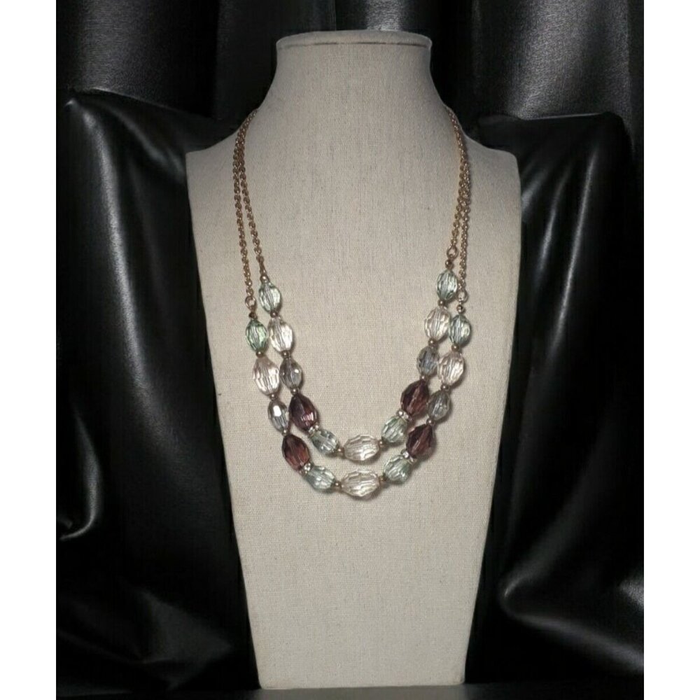Swarovski Signed Double Strand Faceted Beads Rhinestone Necklace Gold Tone Chain